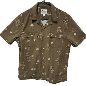 Lucky Brand Men's M Mushroom Print Short Sleeve Camp Shirt Saturday Stretch Tan